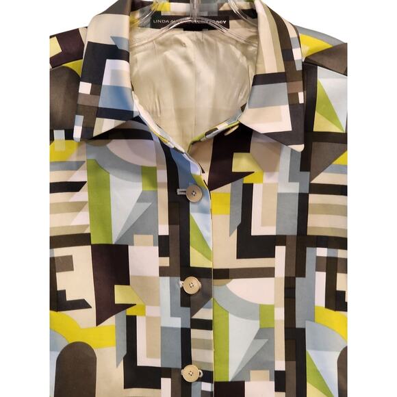 Ellen Tracy Geometric Cotton Blazer sz 14 Chartreuse Lightweight Career Summer - Picture 2 of 7